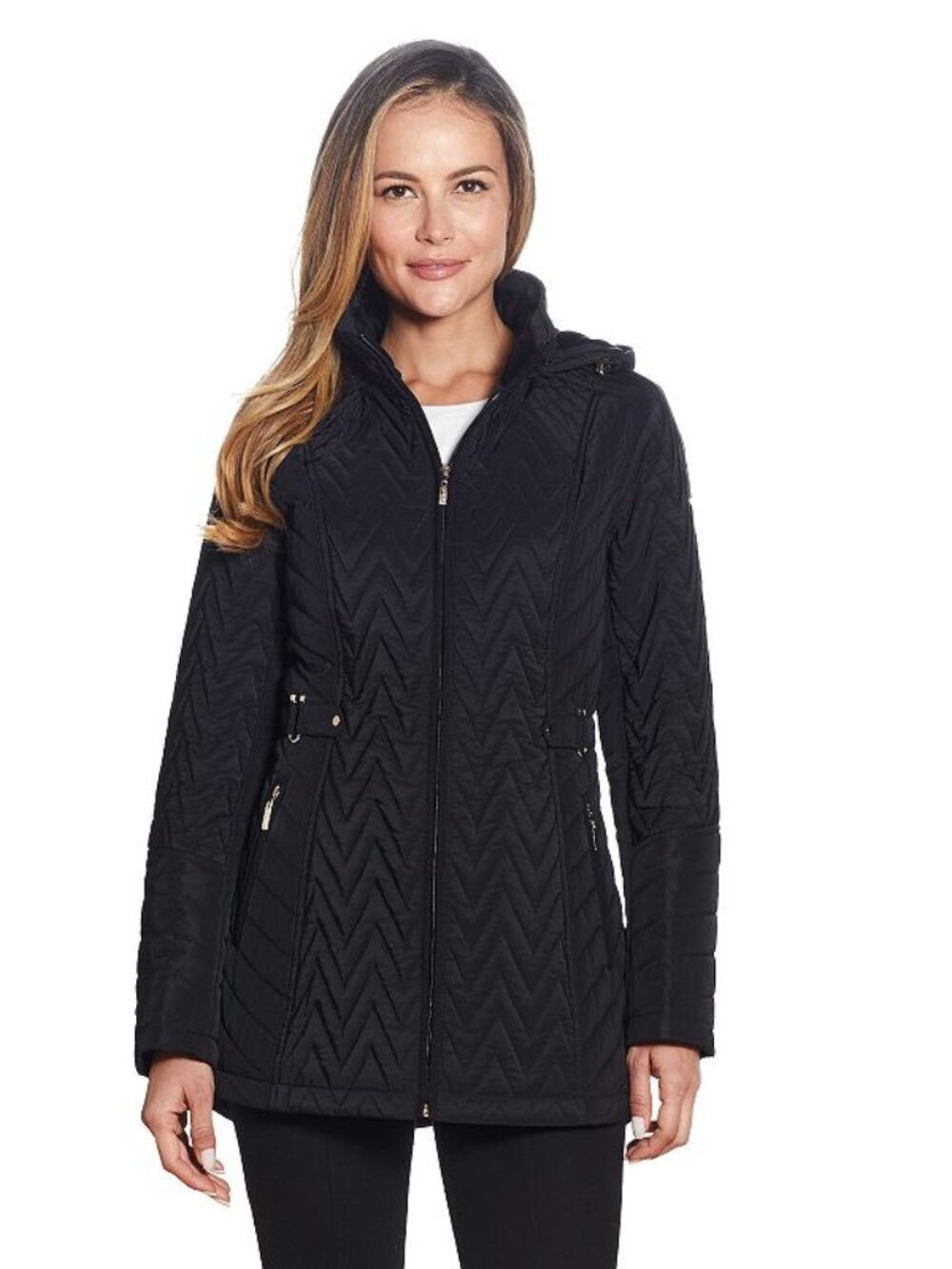Women's XL Black Gallery Hooded Quilted Jacket Faux Fur Lined Hood NWT 50% off